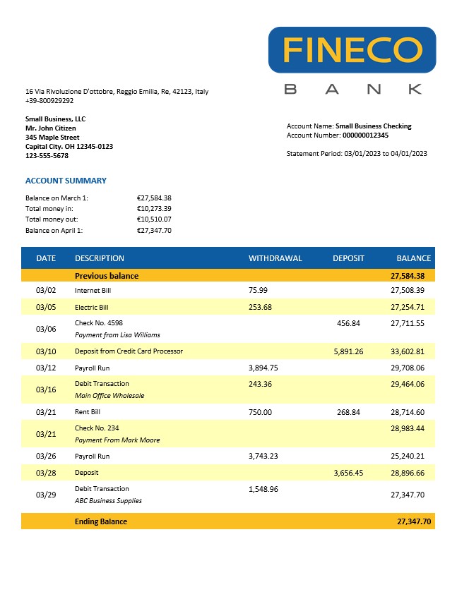 Modèle Word et PDF de relevé de compte d'entreprise Finecobank